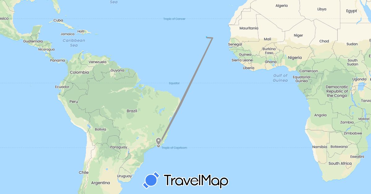 TravelMap itinerary: driving, plane, boat in Brazil, Cape Verde (Africa, South America)